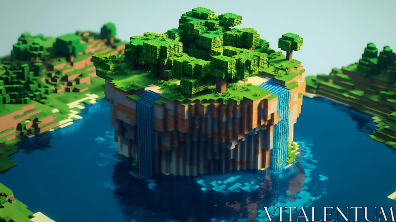 Floating Voxel Island with Cascading Waterfall and Pixelated Forest