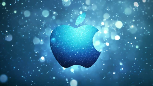 Glitter-textured apple logo rendered in luminous blue particle field