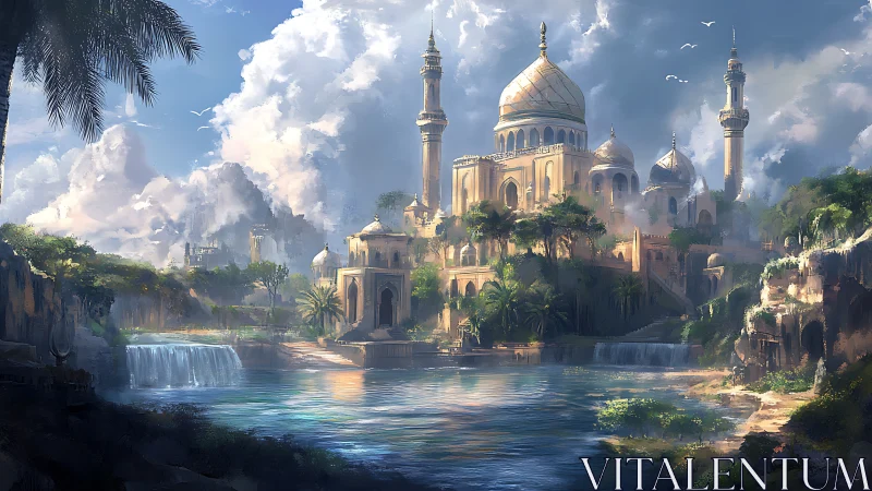 Golden riverside palace amid cliffs and clouded sky.