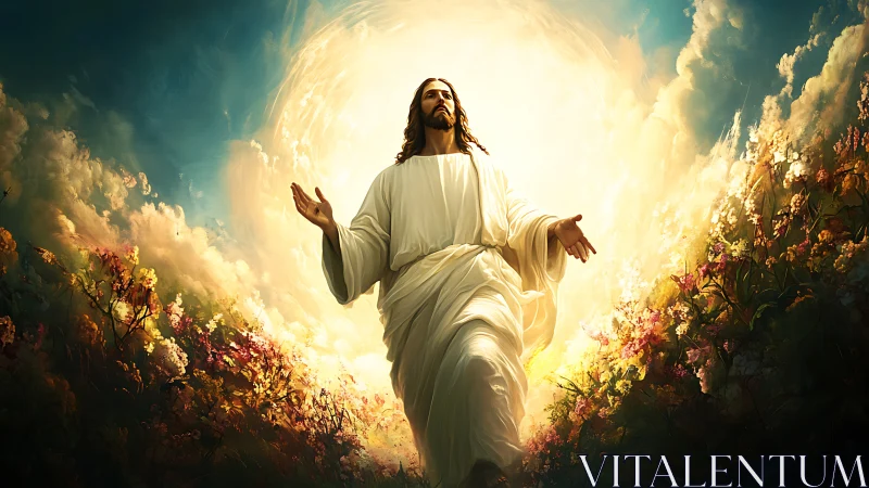 Radiant figure rising through blooming clouds of light.