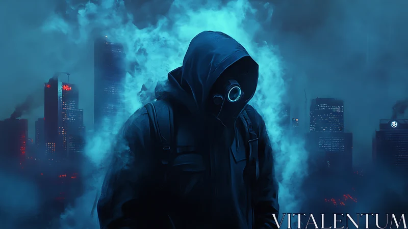 Mysterious hooded wanderer in a smoky neon blue cityscape.