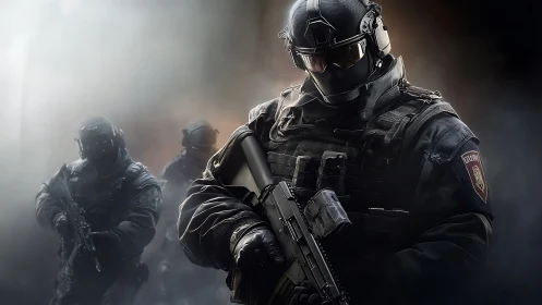 Tactical assault team advances through dense atmospheric smoke.