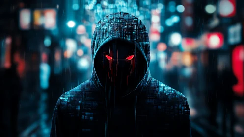 Cyber hooded figure stalks neon city with glowing eyes.