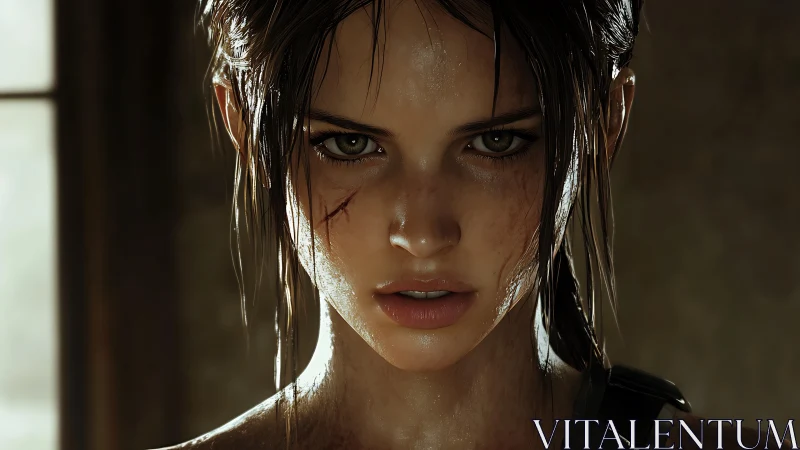 Rendered close-up of wounded woman with wet hair indoors.