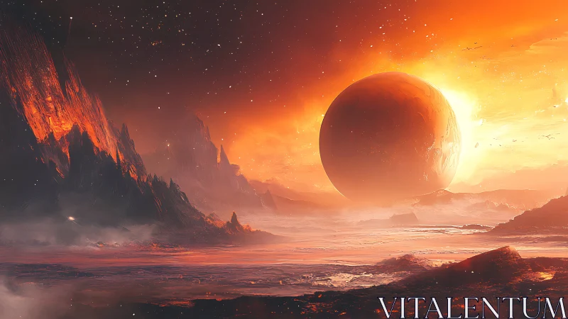 Lava plains frame large eclipsed planet over fiery horizon