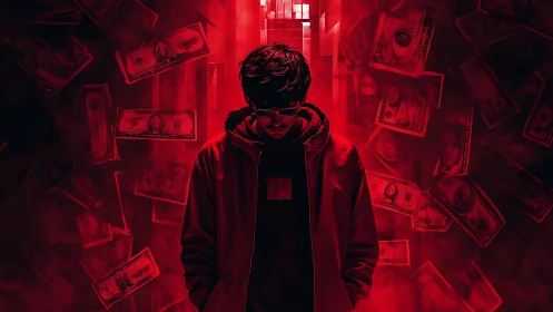 Hooded figure stands amid floating banknotes in red lighting