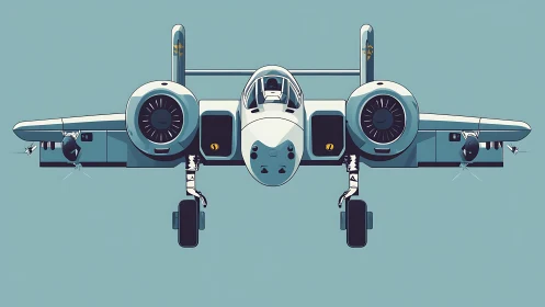 Head-on stylized jet illustration with teal minimal backdrop.