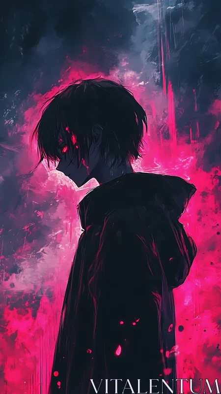 Dark hooded anime figure framed by neon pink energy glow.