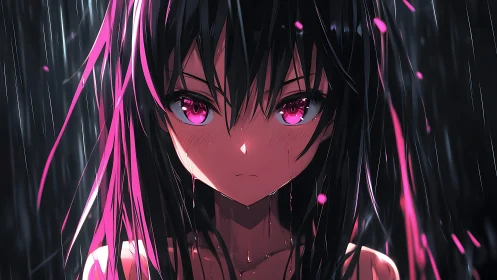 Stormlit gaze of a neon-haired anime girl at night.