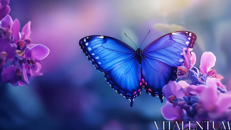 Blue butterfly on purple flowers in soft dreamy light.