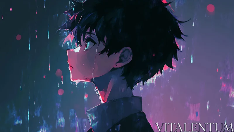 Melancholic anime boy rendered in neon rainside profile lighting