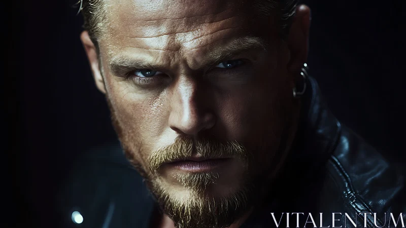 Tight low-key portrait isolates intense blue-eyed stare in shadow