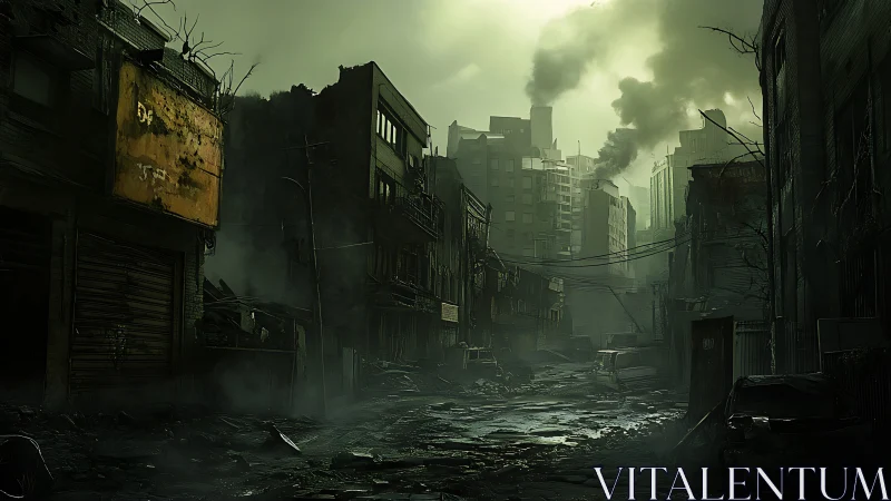 Post-apocalyptic city street choked by smoke and decay.