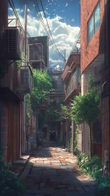 Sunlit brick alley with urban foliage and overhead utility lines.