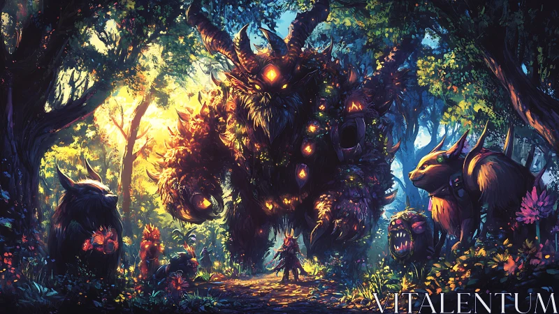 Bioluminescent forest colossus confronting horned guardian