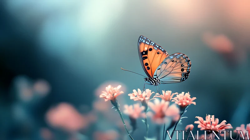 Butterfly rests on soft pink flowers against blurred teal background