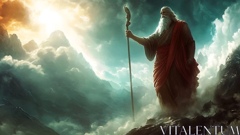 Storm-hewn prophet strides through cloud-split dawn. Period.