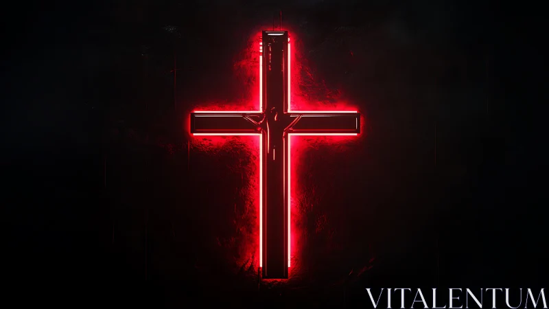 Neon red cross glowing on dark textured background.