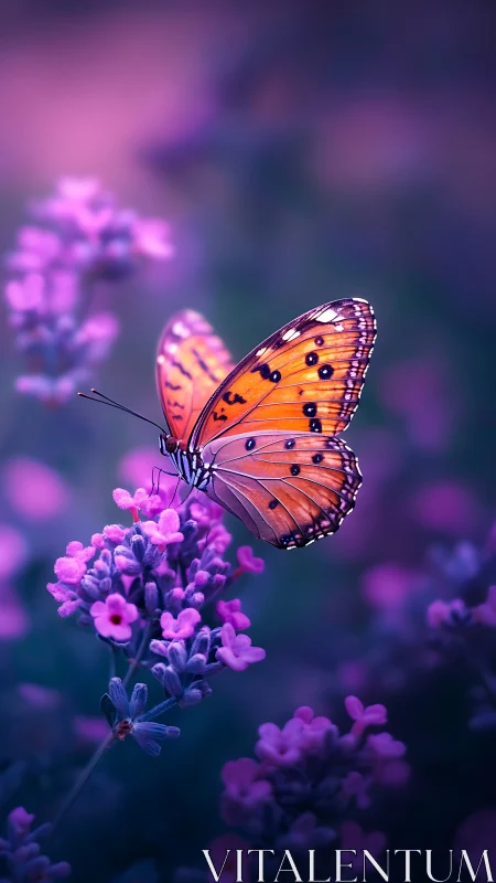 Gentle orange butterfly rests among dreamy purple blooms