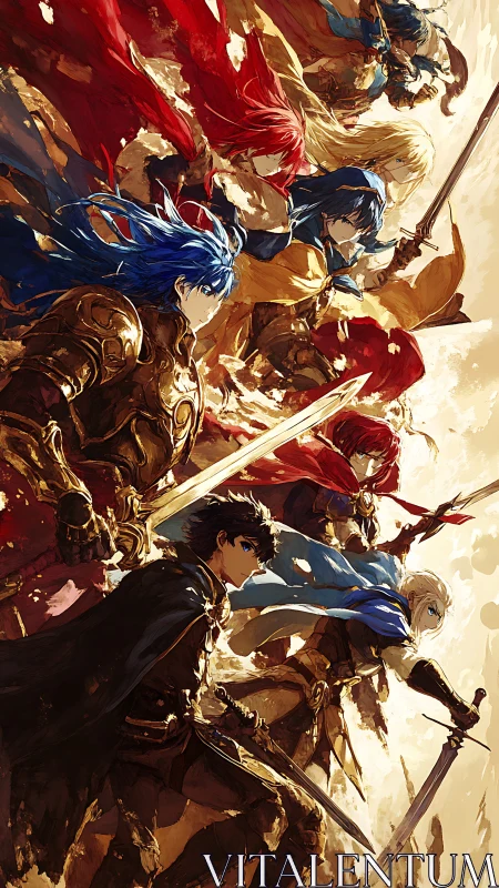 Legendary swords raised high in a whirlwind of golden light.