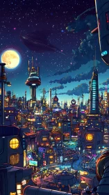 Neon sci fi metropolis under moonlit starfield sky.