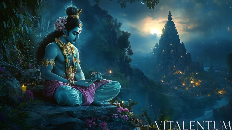 Divine blue-skinned yogi rendered in luminous nocturnal temple valley