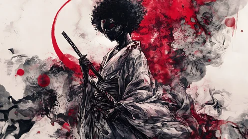 Stoic masked samurai stands calm amid swirling red smoke