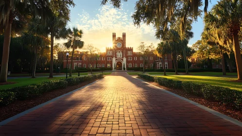 Sunlit brick campus avenue leads toward historic clocktower.