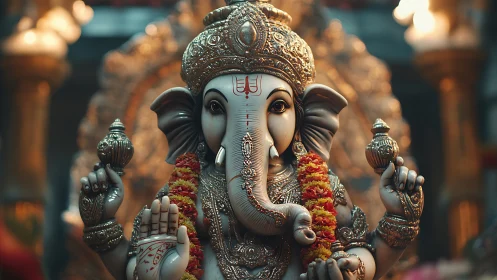 Photorealistic Ganesha idol in ornate devotional close-up focus.