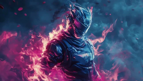 Flaming cyber warrior strides forward wrapped in neon fire