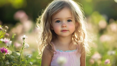 Young child with blonde wavy hair standing among flowers