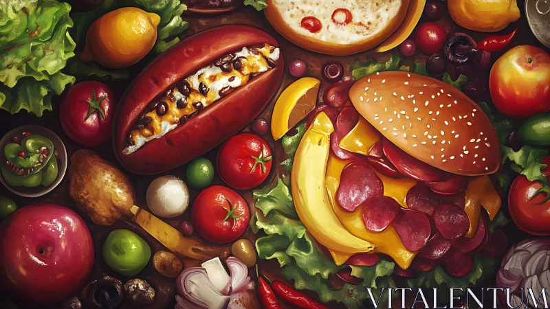 Vibrant digital feast with burger, hotdog, fruit, vegetables.