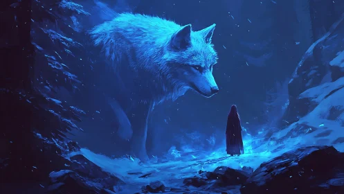 Gigantic spirit wolf confronts cloaked figure in icy forest