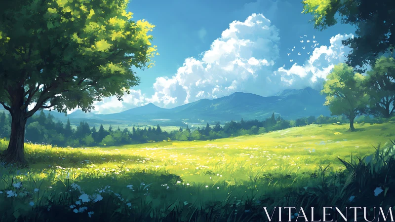 Sunlit meadow stretches toward distant cobalt mountains.