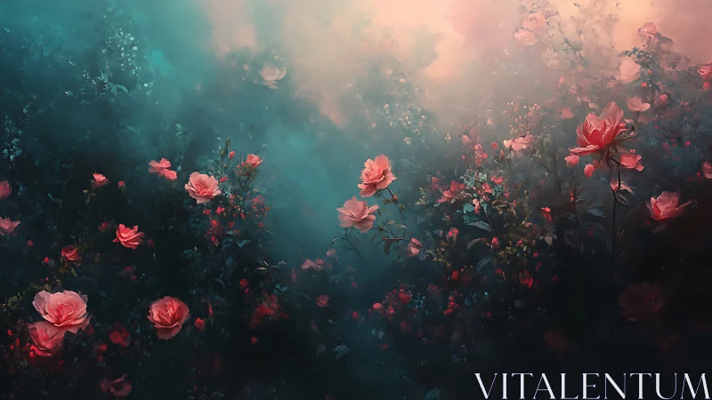 Dreamy twilight rose garden drifting through soft mist.
