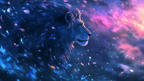 Cosmic lion profile in luminescent blue and magenta nebula