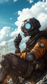 Figure in orange pressure suit sits on rocky terrain