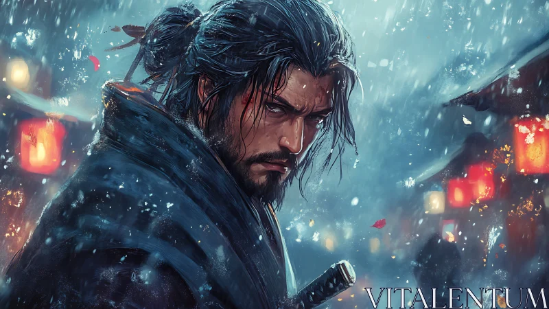 Brooding samurai warrior amid snow and lantern glow at dusk.