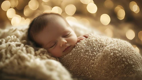 Infant wrapped in textured blanket against soft bokeh lights.
