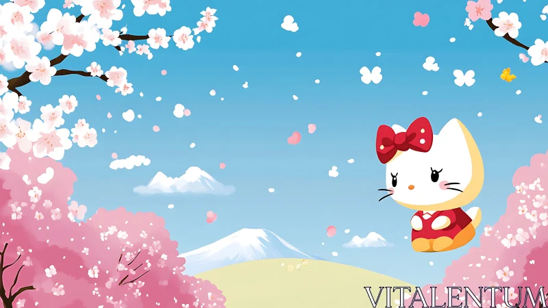 Kawaii cat mascot in cherry blossom valley with Mt. Fuji.