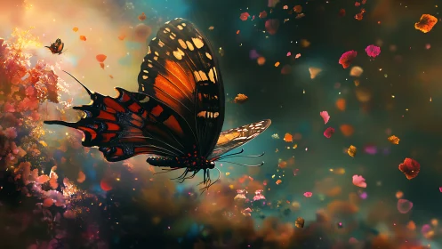 Vibrant butterfly with petals swirling in dreamy sky.