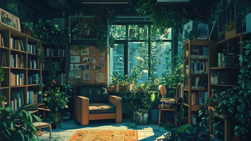 Sunlit library nook welcomes lush plants and quiet reading