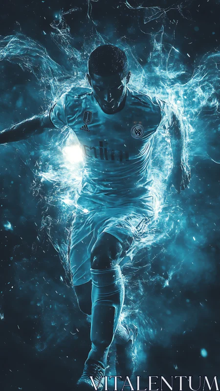 Electric blue footballer emerges in dynamic energy burst