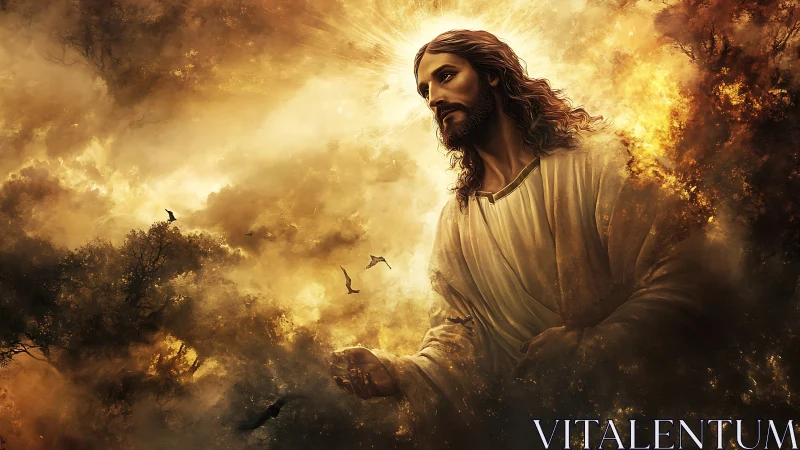 Radiant robed savior emerging through golden stormlight.