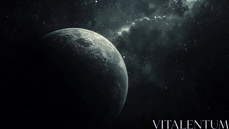 Crescent planet in deep space with distant star field.