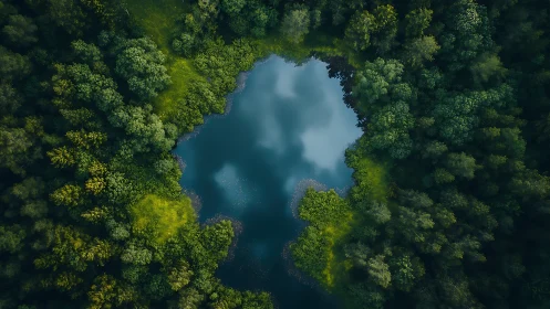 Circular forest lake viewed from above with dense green trees.