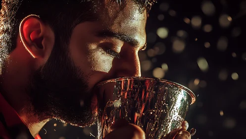 Photorealistic close-up portrait with triumphant trophy lighting.