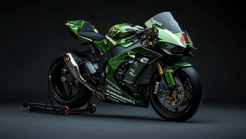 Track-tuned green superbike under dramatic studio lighting.