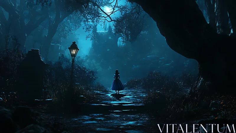 Midnight wanderer steps softly along a moonlit forest path