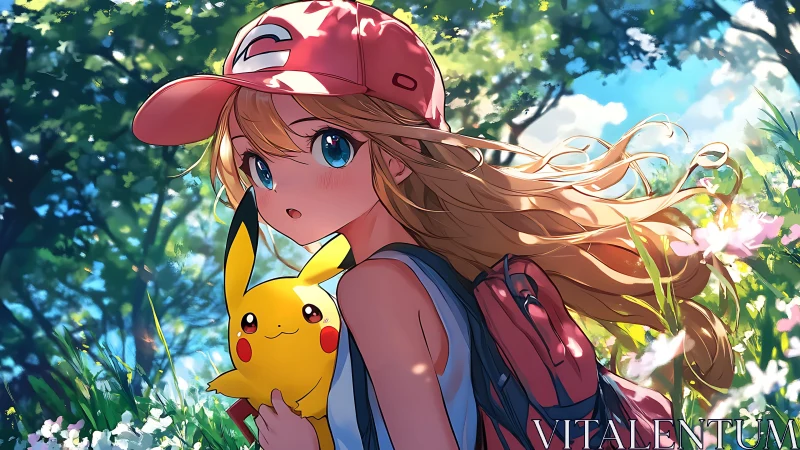 Anime girl with red cap and Pikachu plush in forest scene.